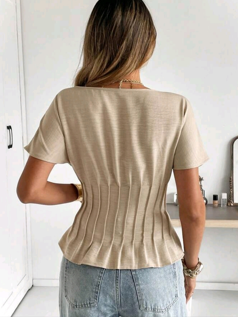 Women's Beige Pleated Waist Short Sleeve Top - Picture 2 of 6